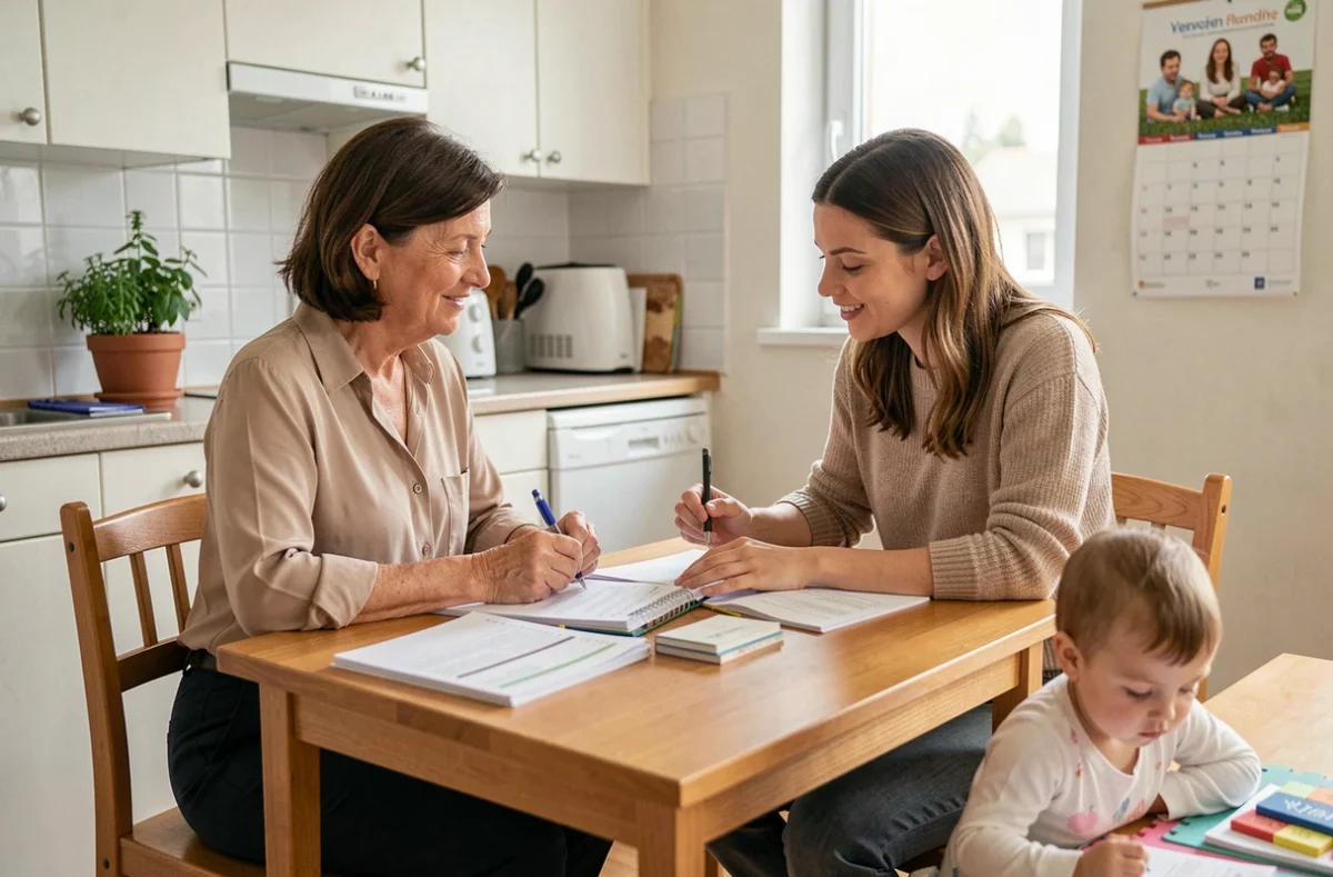 Une accompagnatrice familiale de l'AAFP/CSF de Haute-Savoie aide une jeune mère à organiser son quotidien dans un appartement d'Annecy