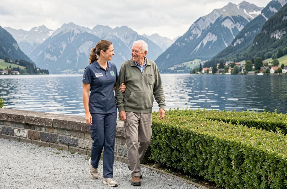 Une accompagnatrice d'Abeille Services 74 se promène avec un homme âgé sur un chemin au bord du lac d'Annecy