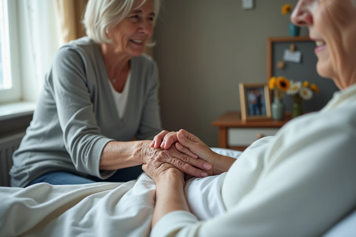 Proche tenant la main d'une personne âgée alitée dans une maison de retraite, moment de soutien en fin de vie