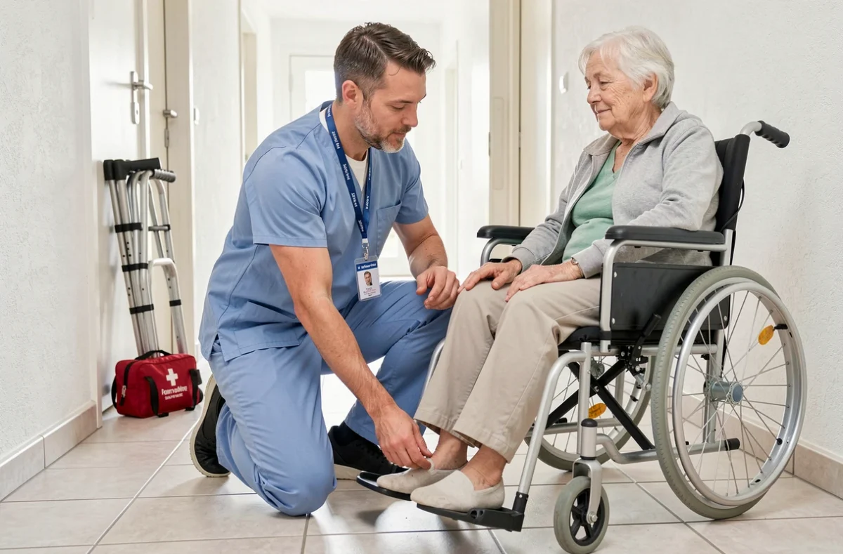 Un aide soignant d'Adhap Services ajuste le fauteuil roulant d'une femme âgée dans le couloir de son domicile à Annecy