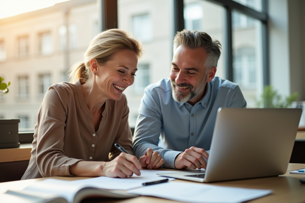 Couple d'adultes souriants en formation dans une salle lumineuse