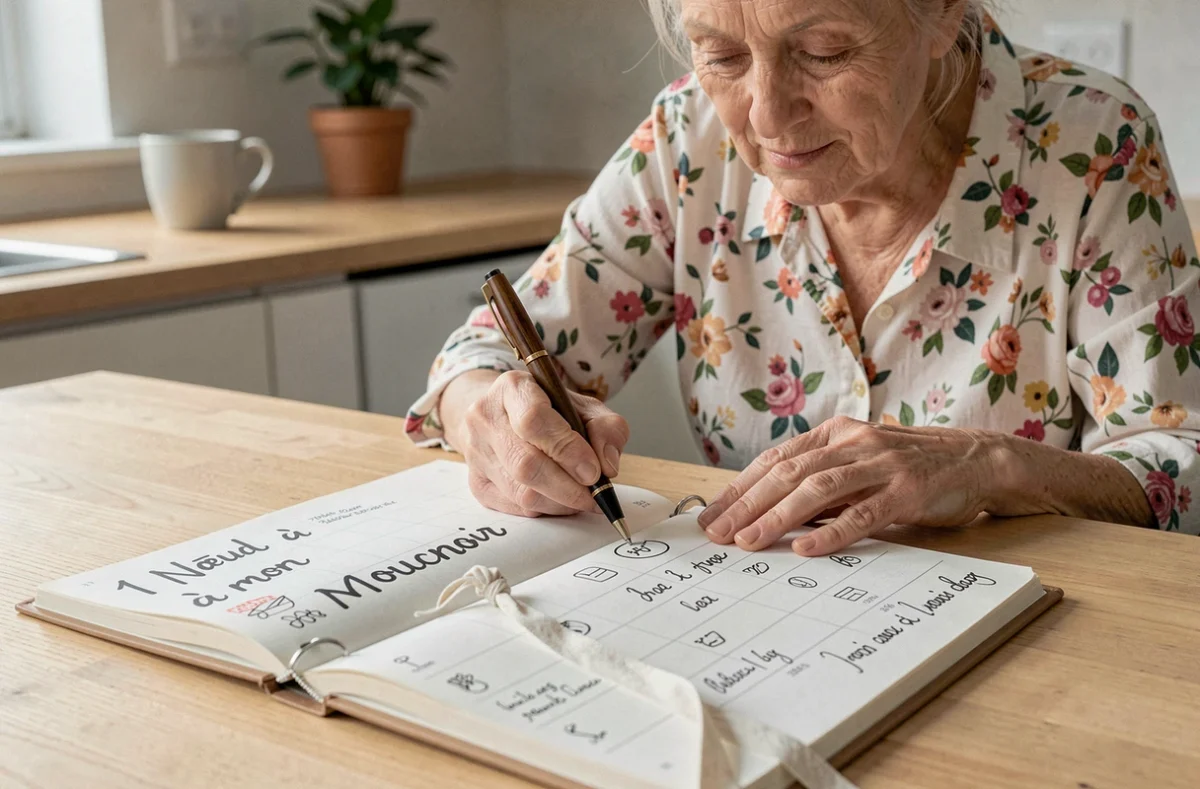 Une femme âgée consulte et annote l'agenda papier 1 Nœud à mon Mouchoir, format grand caractère sans écran ni alimentation, posé ouvert sur une table de cuisine.