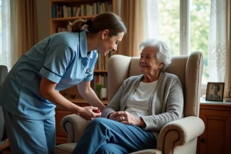 Aide à domicile ADMR accompagnant une personne âgée dans son salon, illustrant les services et tarifs de l'aide à domicile
