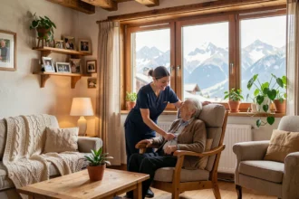 Une aide à domicile professionnelle assiste une femme âgée dans un salon chaleureux de style alpin en Haute-Savoie
