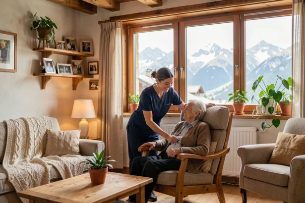 Une aide à domicile professionnelle assiste une femme âgée dans un salon chaleureux de style alpin en Haute-Savoie