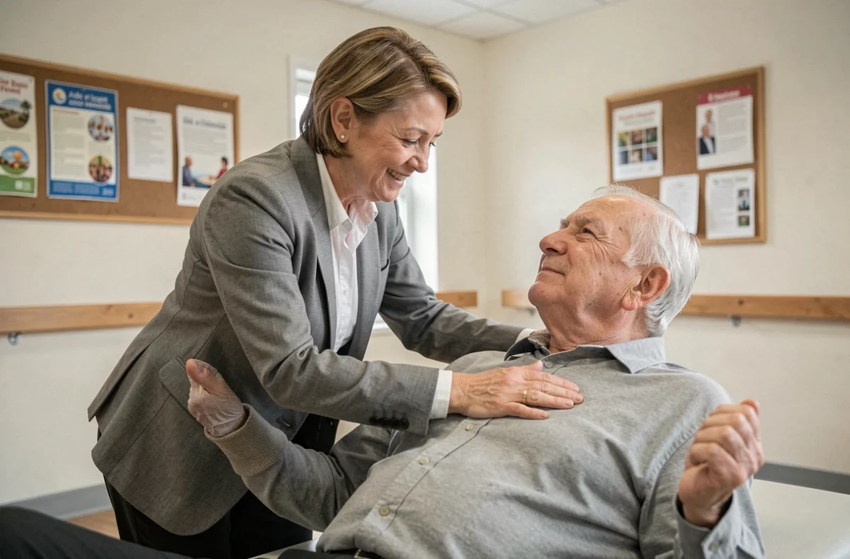 Une bénévole d'Aide et Entraide accompagne un senior lors d'exercices dans un centre communautaire