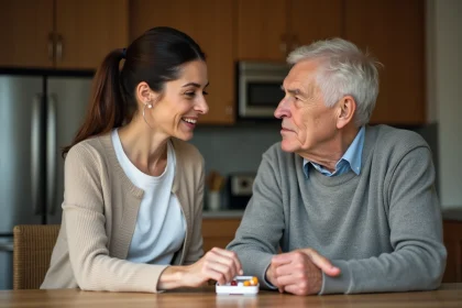 Aide d'une femme &agrave; un homme &acirc;g&eacute; avec un organisateur de m&eacute;dicaments