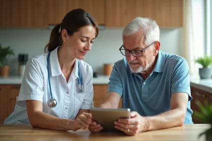 Aide &agrave; une personne agee avec une tablette dans une cuisine lumineuse