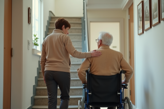 Femme aidant un homme en fauteuil dans un couloir lumineux