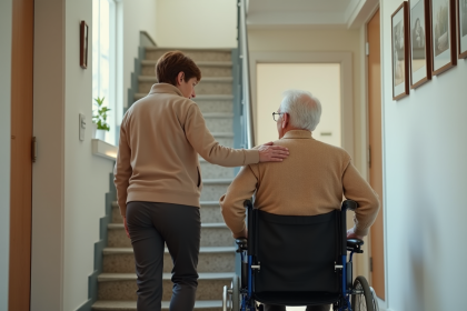Femme aidant un homme en fauteuil dans un couloir lumineux