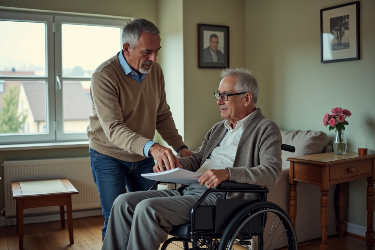 Travailleur social aidant un homme age en fauteuil roulant