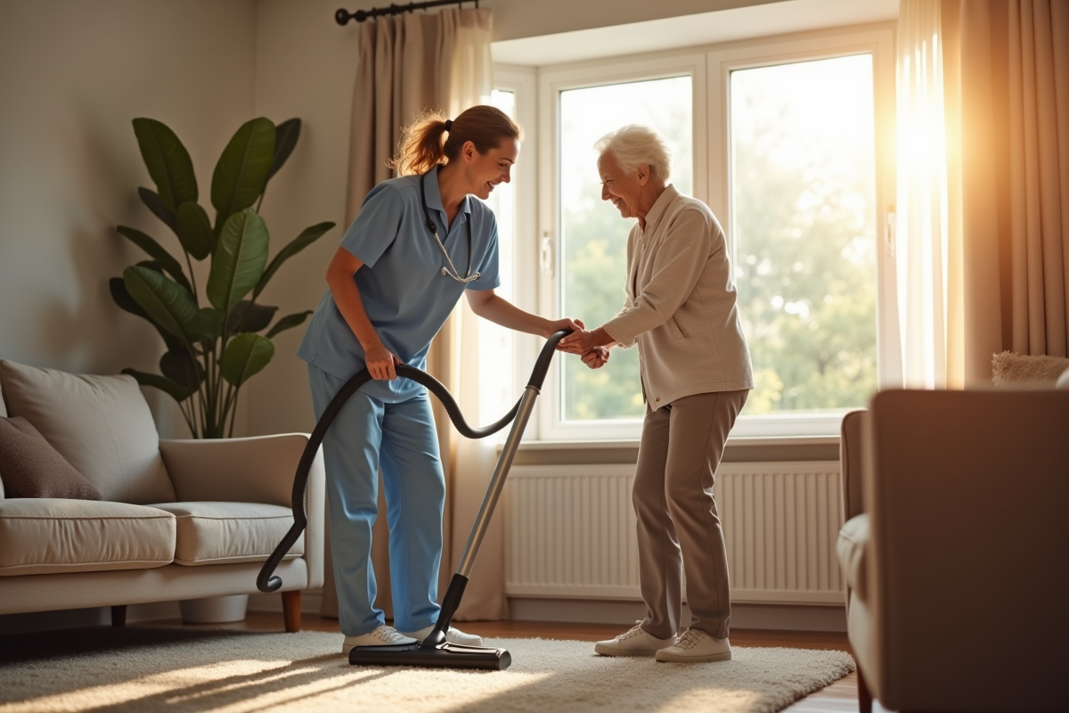 Aide à domicile aidant une personne âgée à passer l'aspirateur dans un salon lumineux