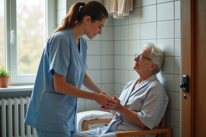 Aide-soignante aidant une personne agee dans sa salle de bain