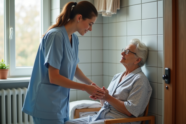 Aide-soignante aidant une personne agee dans sa salle de bain