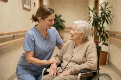 Aide-soignante assistant une personne âgée en fauteuil roulant dans un établissement de soins, illustrant l'évaluation AGGIR pour la dépendance