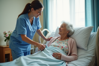 Aide-soignante aidant une personne âgée en chambre