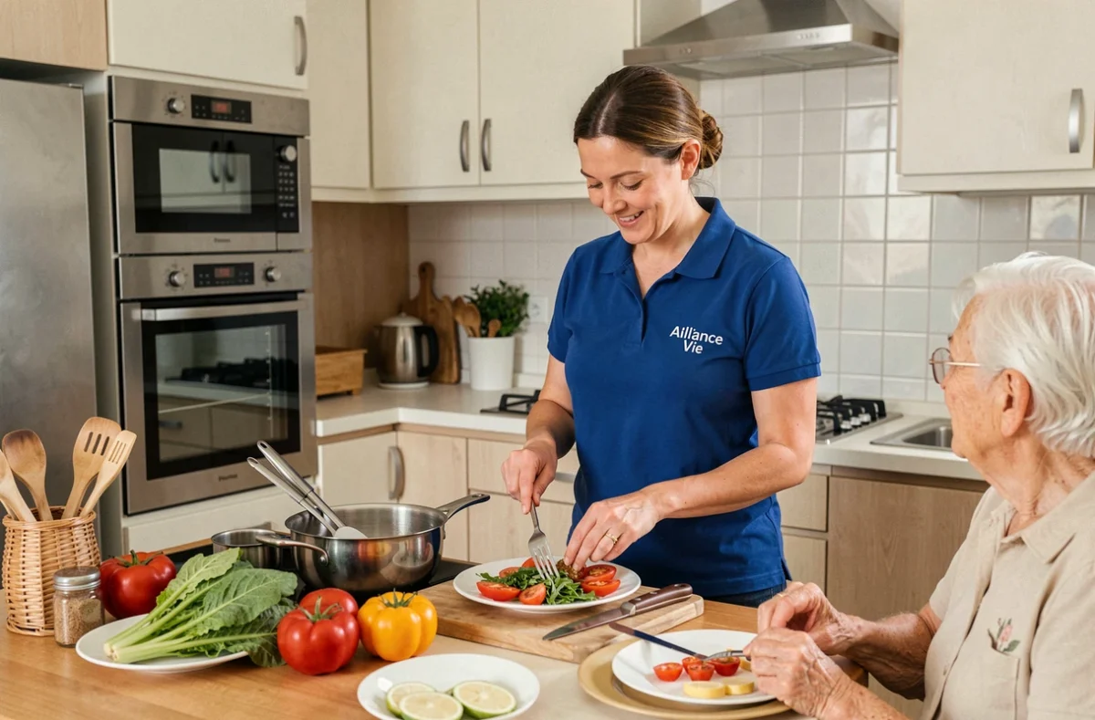 Une professionnelle Alliance Vie prépare un repas équilibré pour une personne âgée dans sa cuisine