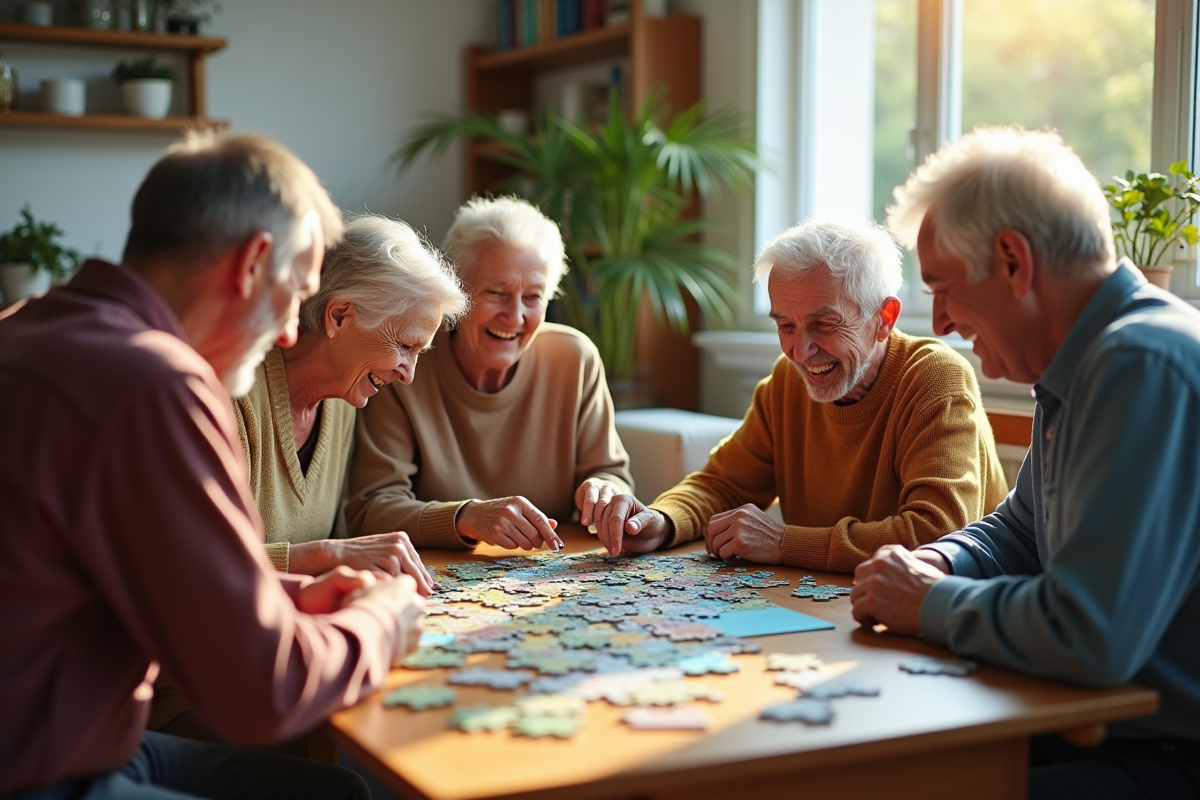 Groupe d amis seniors riant autour d un puzzle dans le salon