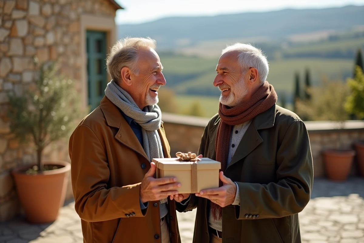 Deux amis quinquagénaires riant sur une terrasse en pierre lors d'un échange de cadeau pour un anniversaire de 50 ans