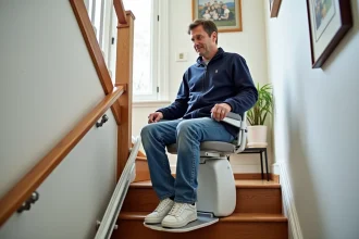 Homme d'âge moyen utilisant un monte-escalier dans une maison lumineuse