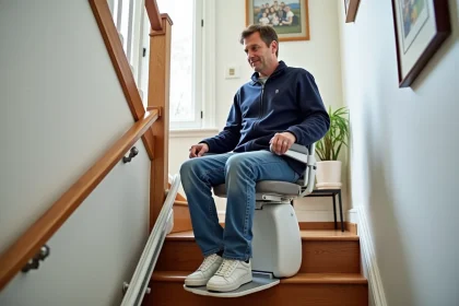 Homme d'âge moyen utilisant un monte-escalier dans une maison lumineuse