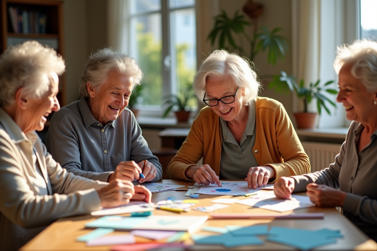 Groupe de seniors riant lors d'un atelier créatif