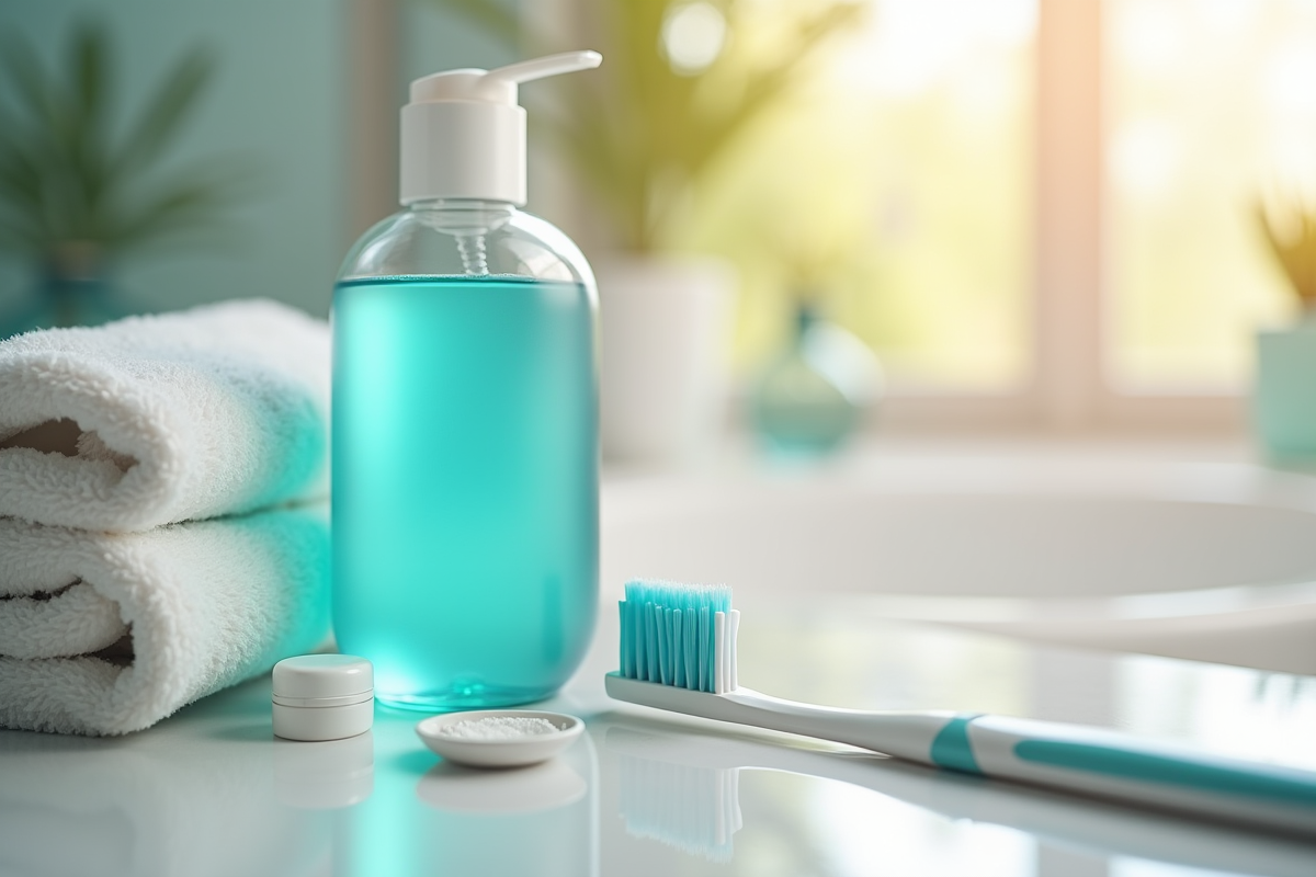 Bain de soins dentaires avec flacon de bain de bouche et brosse à dents