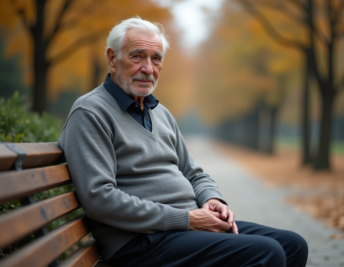 Homme âgé assis dans un parc avec un boîtier traceur GPS dans la poche posé sur un banc, dispositif de géolocalisation portable pour senior autonome