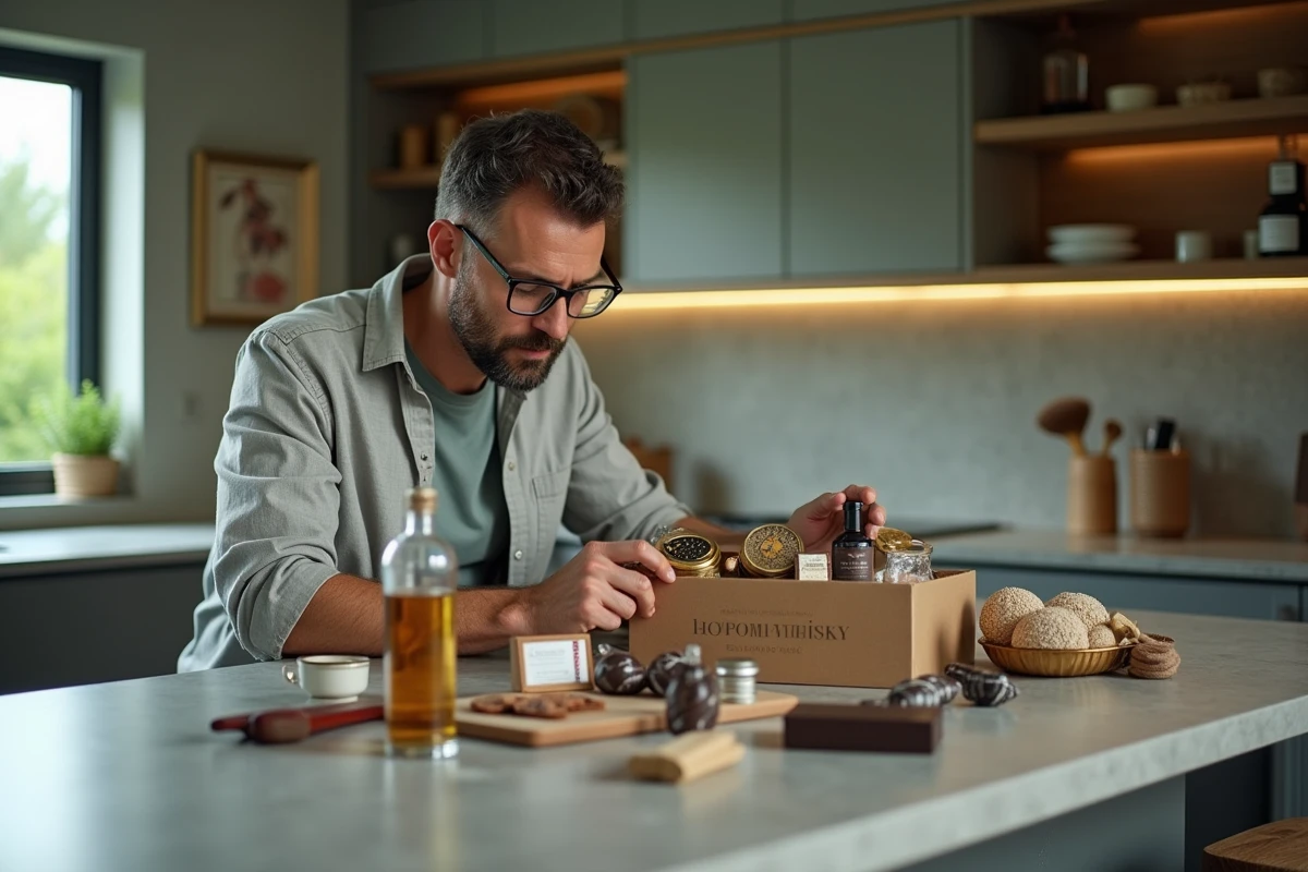 Homme de 50 ans avec barbe découvrant une box cadeau abonnement remplie de produits artisanaux dans une cuisine moderne