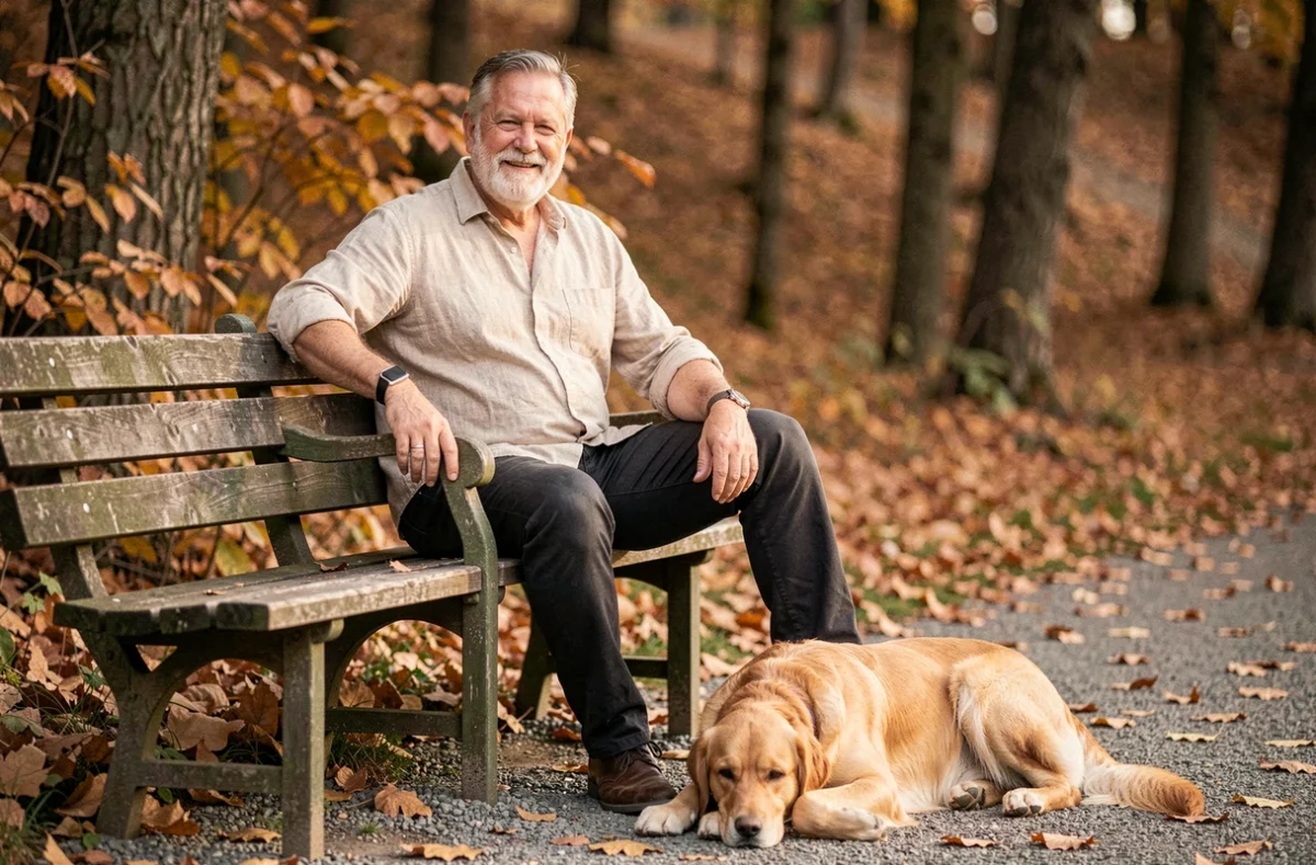 Homme senior avec un bracelet anti-chute sans abonnement assis sur un banc de parc en automne avec son chien golden retriever