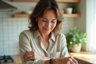 Femme portant un bracelet traceur GPS au poignet dans une cuisine moderne, solution de géolocalisation discrète pour personne âgée ou senior