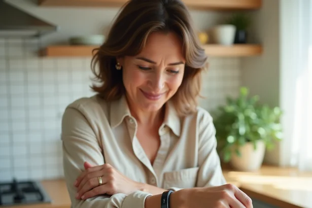 Femme portant un bracelet traceur GPS au poignet dans une cuisine moderne, solution de géolocalisation discrète pour personne âgée ou senior