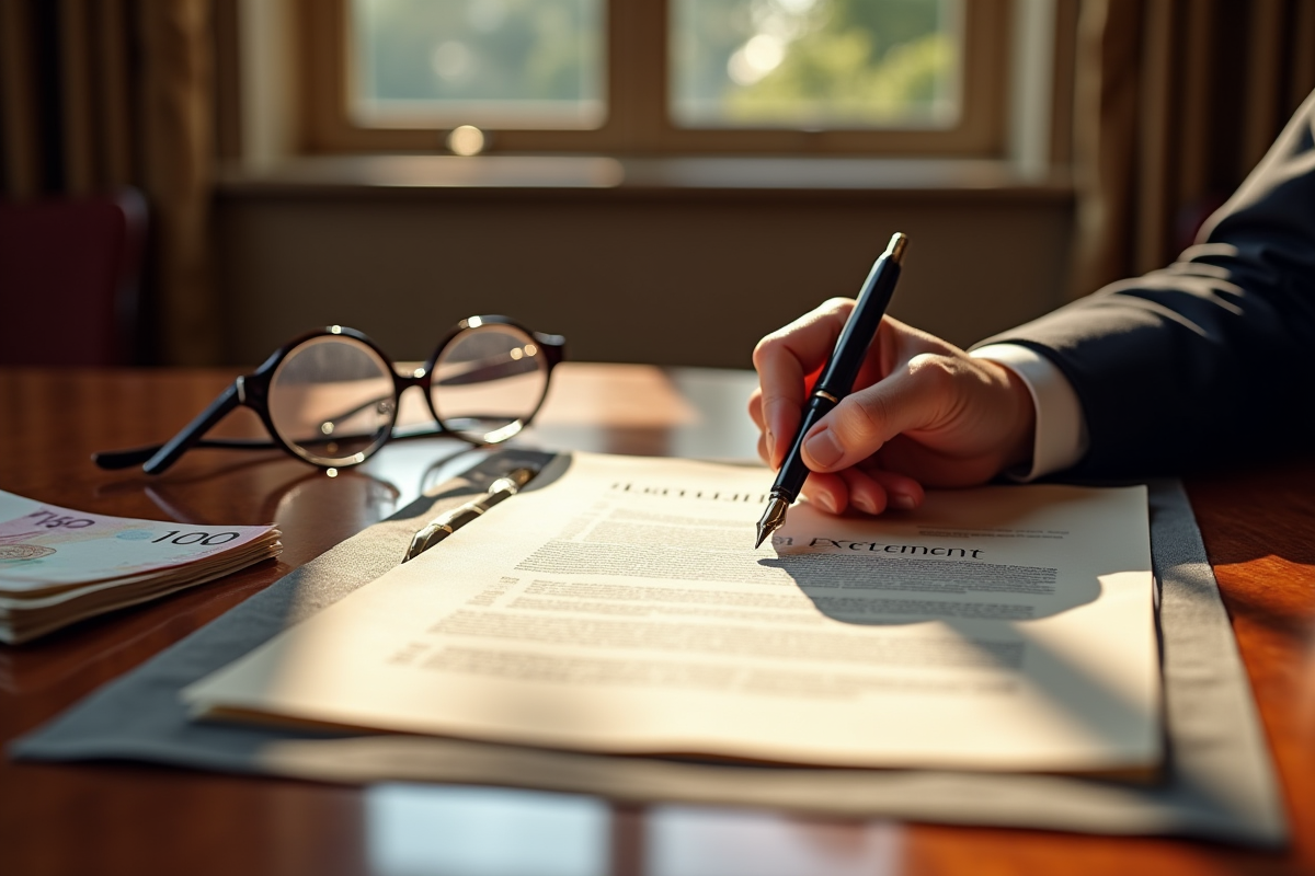 Signature d'un testament sur un bureau en bois lumineux