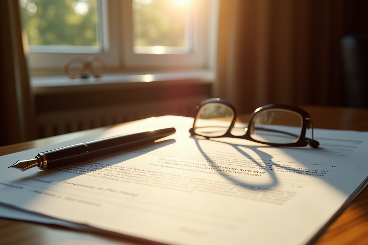 Bureau de notaire belge avec documents officiels et lunettes
