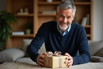 Homme de 50 ans souriant en train d'ouvrir un coffret cadeau élégant sur une table en bois dans un salon moderne