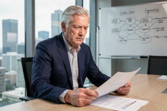 Cadre senior masculin en mission de consulting dans une salle de réunion moderne avec vue sur la ville
