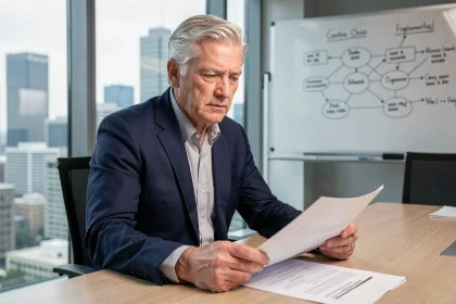 Cadre senior masculin en mission de consulting dans une salle de réunion moderne avec vue sur la ville