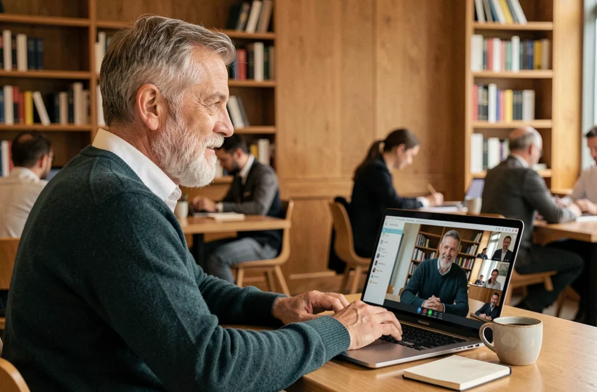 Cadre senior consultant en télétravail lors d'un appel vidéo dans un espace de coworking chaleureux