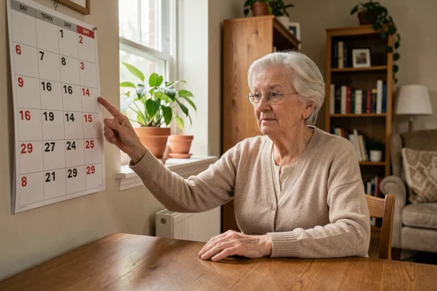 Une femme âgée assise dans un salon confortable consulte un grand calendrier mural aux dates lisibles, illustrant les aides à l'orientation temporelle pour personnes désorientées.