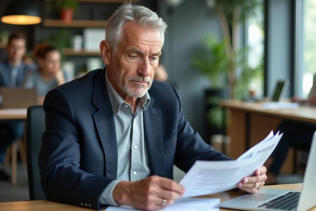 Un homme senior d'environ 58 ans examine des documents professionnels dans un bureau moderne, illustrant l'emploi des seniors en CDI