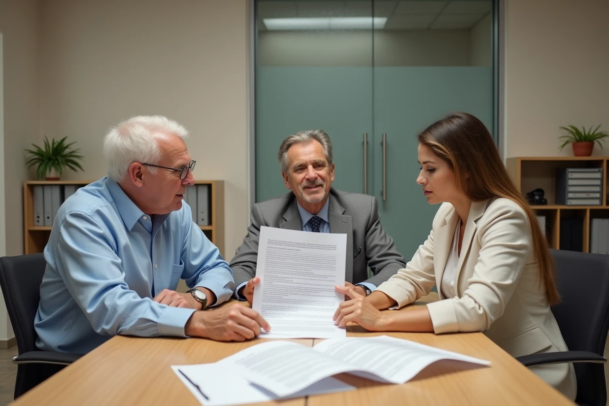 Deux salariés seniors examinent un contrat CDI avec un responsable RH dans un bureau, illustrant les enjeux du CDI senior et la sécurité de l'emploi