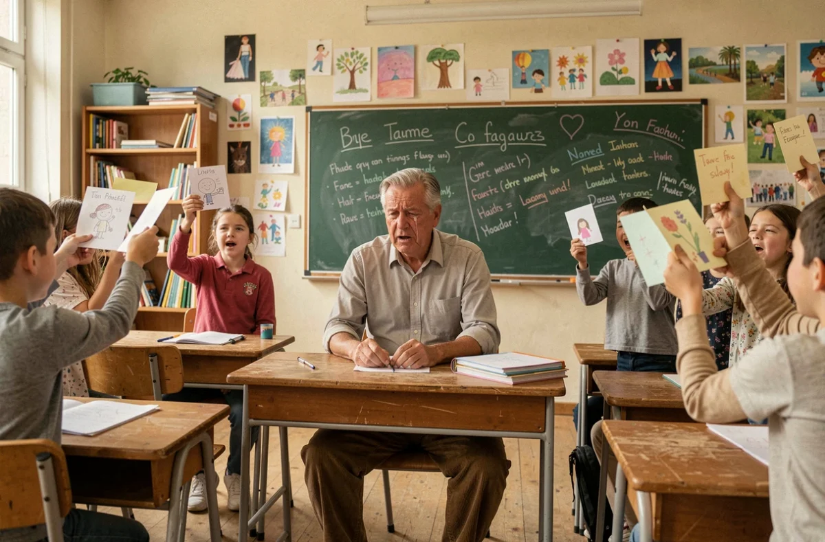 Professeur ému aux larmes lors d'une chanson d'hommage chantée par ses élèves dans une salle de classe décorée