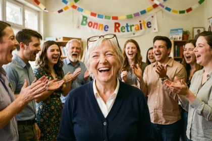 Institutrice souriante entourée de collègues chantant pour son départ à la retraite dans une salle des professeurs décorée