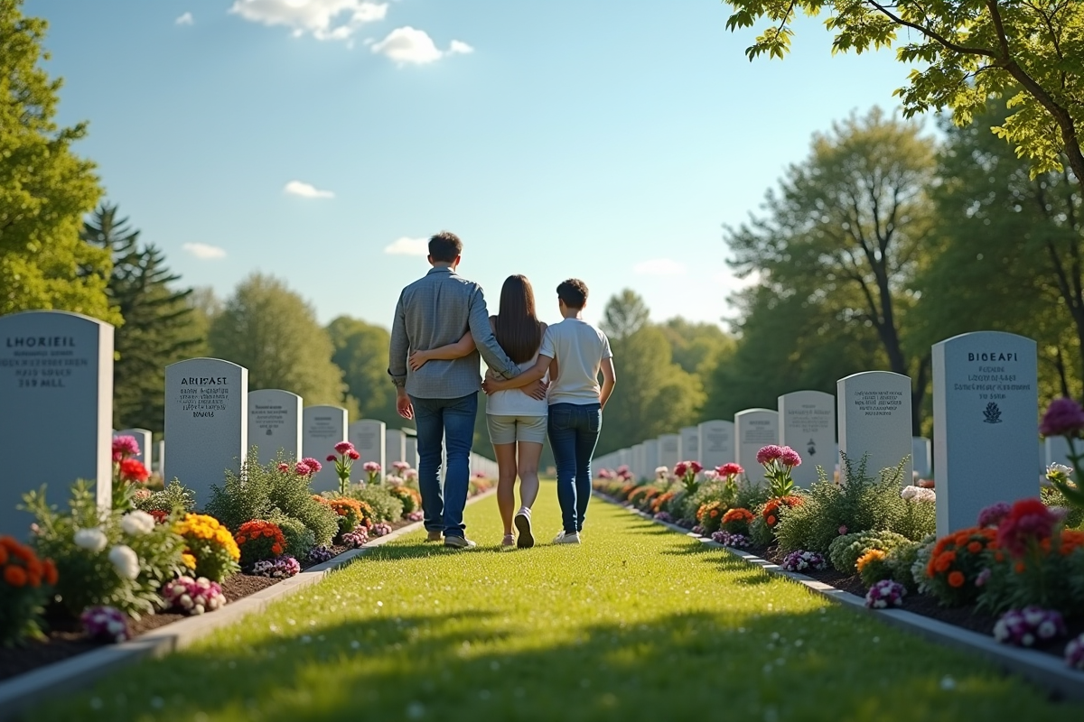 Cimetière belge avec familles et fleurs sous un ciel bleu