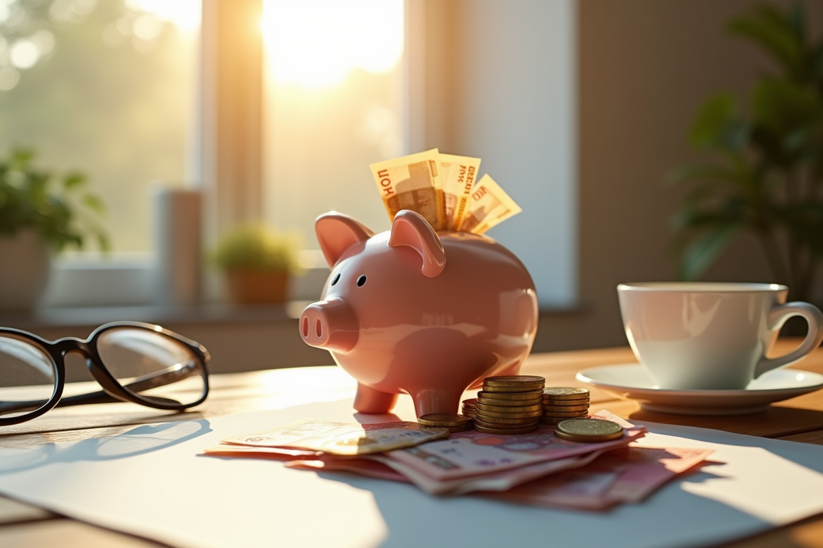 Tirelire pleine de pièces et billets d euro sur un bureau en bois