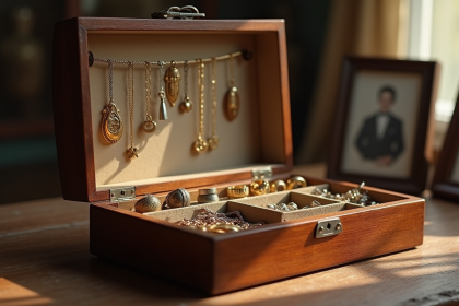Coffret en bois ouvert avec bijoux anciens en or et argent