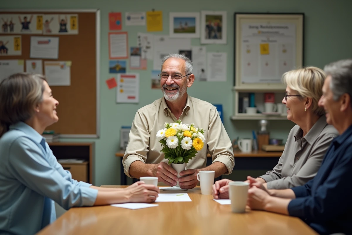 Collègues offrant des fleurs et une carte de retraite à un enseignant dans une salle des professeurs