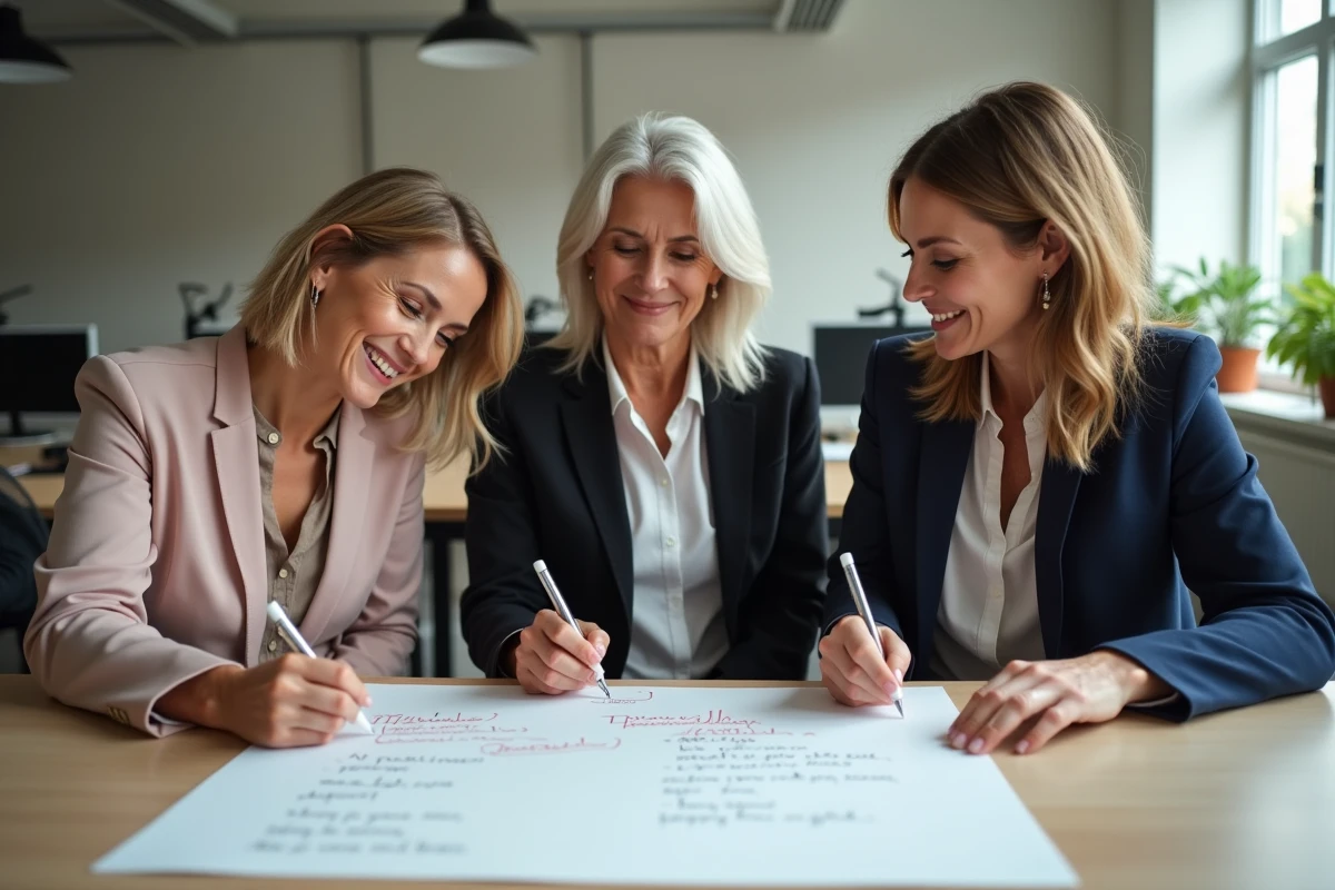 Collègues féminines signant ensemble une carte de départ à la retraite dans un bureau moderne