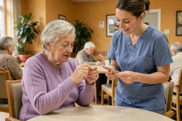 Infirmière en EHPAD présentant un complément alimentaire sous forme de capsule à une résidente âgée assise à table
