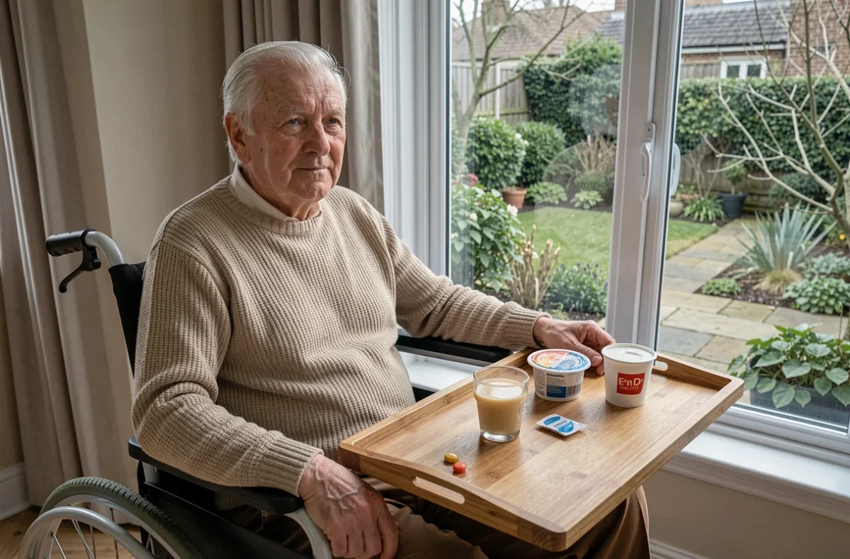 Résident âgé en fauteuil roulant face à un plateau repas avec complément nutritionnel en EHPAD